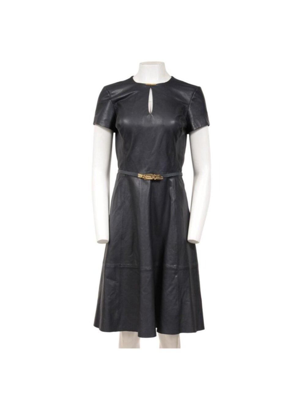Lauren Ralph Lauren Belted Stretch Leather Fit & Flare Dress Navy Size US 4
